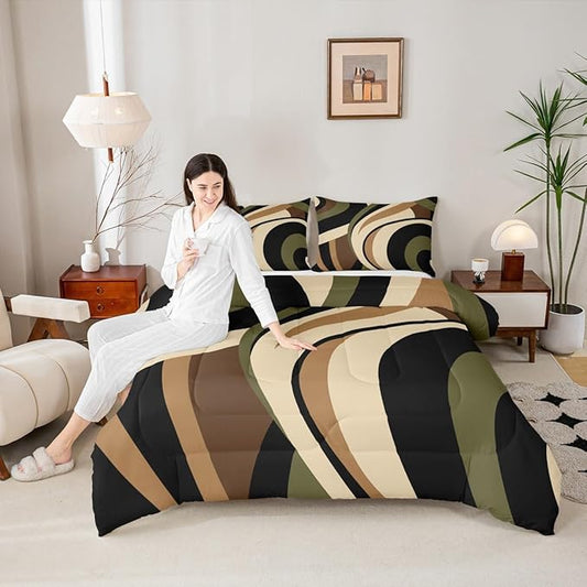 Castle Fairy Stripes Comforter Set Twin Size Brown Black Green Swirls Bedding Set 2pcs for Kids Boys Men Room Decor Vintage Abstract Styles Quilt Set Microfiber Duvet Insert with 1 Pillowcase