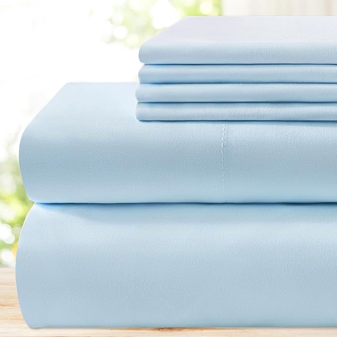 BYSURE 6 Pieces Bed Sheets Set(Queen, Baby Blue) - Hotel Luxury Super Soft 1800 Thread Count 100% Microfiber Sheets with Deep Pockets, Wrinkle & Fade Resistant