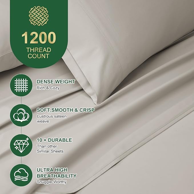 Ivellow 100% Egyptian Cotton Sheets Queen Size Set - 1200 Thread Count 6 PC 18" Deep Pocket Queen Size Bed Sheet Set，Luxury Soft Breathable Beige Cooling Sheet Sets Durable Hotel Quality Bedding