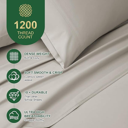 Ivellow 100% Egyptian Cotton Sheets Queen Size Set - 1200 Thread Count 6 PC 18" Deep Pocket Queen Size Bed Sheet Set，Luxury Soft Breathable Beige Cooling Sheet Sets Durable Hotel Quality Bedding