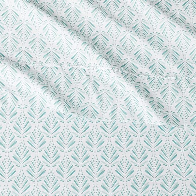 Amazon Basics Lightweight Breathable Brushed Microfiber 4-Piece Bed Sheet Set with 14-Inch Deep Pockets, Wrinkle Resistant, Queen, Aqua Fern, Printed