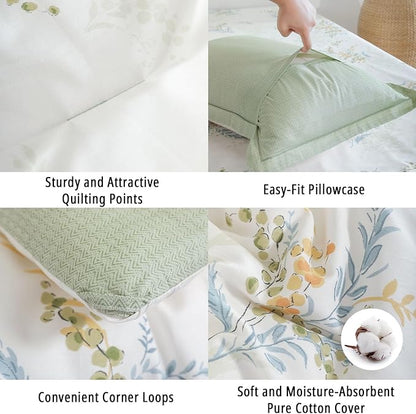 White Cotton Comforter Twin Size 2Pcs - Blue Branches & Orange and Green Buds on White, Chevron Sage Green Back, Reversible Lightweight Bedding Sets with Soft Fill(1 Comfoter, 1 Pillowcase)