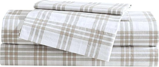 Eddie Bauer - Queen Sheet Set, Cotton Percale Bedding Set, Super Soft and Bedding Set, Oeko-Tex Certified (Basic Plaid Beige, Queen)