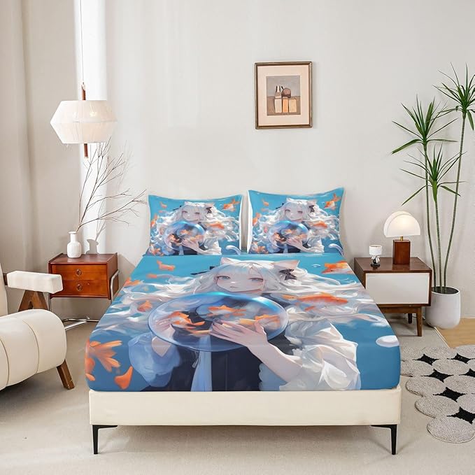 Japanese Girl Fitted Sheet 3D Kawaii Anime Printed Design Bed Sheets for Kids Girls Boys Gifts Bedding Sets, Cartoon Decorations Sheets Queen 3Pcs (No Top Sheet)