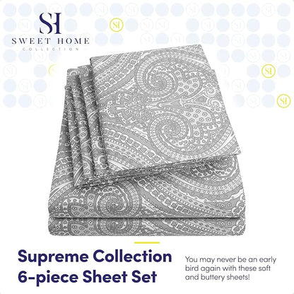 King Size Bed Sheets - 6 Piece 1500 Supreme Collection Fine Brushed Microfiber Deep Pocket King Sheet Set Bedding - 2 Extra Pillow Cases, Great Value, King, Paisley Gray
