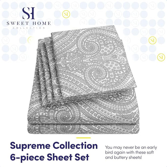Queen Sheets Paisley Grey - 6 Piece 1500 Supreme Collection Fine Brushed Microfiber Deep Pocket Queen Sheet Set Bedding - 2 Extra Pillow Cases, Great Value, Queen, Paisley Gray