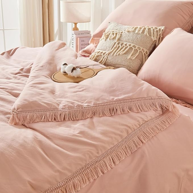 Andency Oversized King Comforter Set with Sheets 128x120 Pink - 7 Pieces Bed in a Bag Boho Soft Lightweight Bedding Sets, Tassel Bed Set with Comforter, Sheets, Pillowcases & Shams