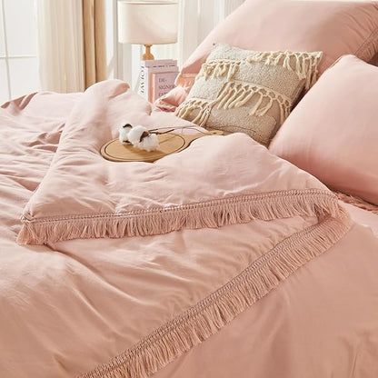 Andency Oversized King Comforter Set with Sheets 128x120 Pink - 7 Pieces Bed in a Bag Boho Soft Lightweight Bedding Sets, Tassel Bed Set with Comforter, Sheets, Pillowcases & Shams