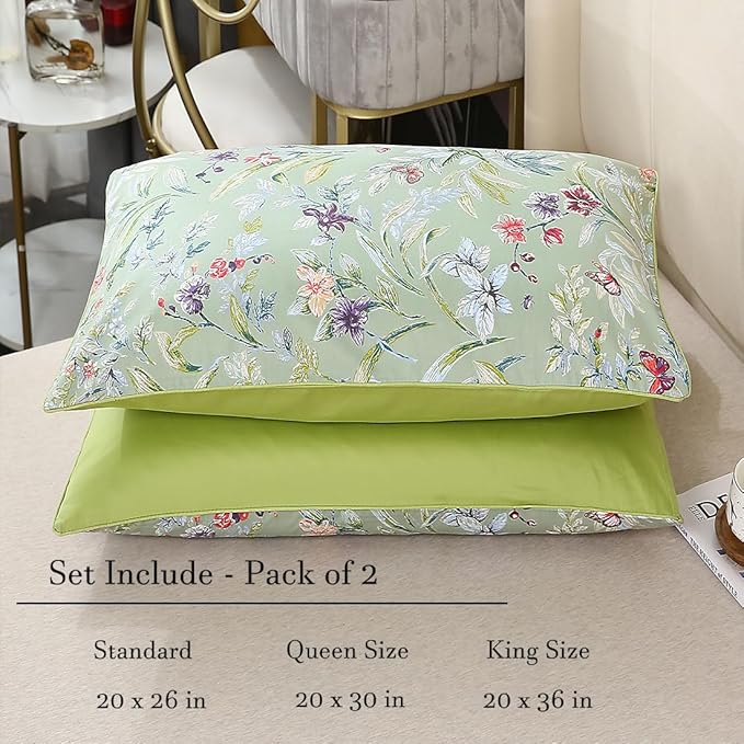 WINLIFE 100% Cotton Pillowcases Standard Size Sage Green Garden Floral Printed Pillow Cover 2 Pack, Soft Smooth Cool Envelope Closure Pillow Case Set (Standard, 20"x26")