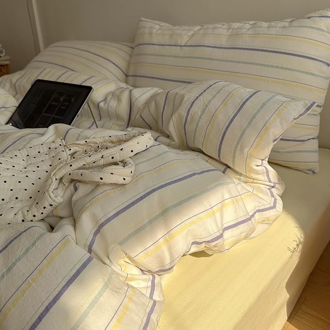 EAVD Vintage Colorful Striped Comforter Set King Soft Cotton 3-Piece Retro Vertical Striped Bedding Set with 2 Pillowcases Boho Geometric Comforter Set for All-Season(Purple&Yellow&Blue, King)