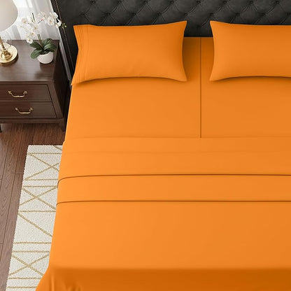 Elegant Comfort Luxurious 1500 Premium Hotel Quality Microfiber Three Line Embroidered Softest 5-Piece Bed Sheet Set, Wrinkle and Fade Resistant, Split King, Orange