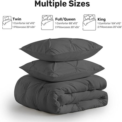UNIKOME Queen Comforter Set Dark Gray - Ultra Soft Boho Pintuck Down Alternative Bedding Set for All Seasons, 3 Pieces Lightweight Warm Pinch Pleat Bed Set with Comforter, 2 Pillowcases