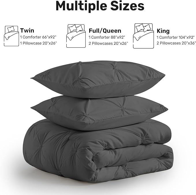 UNIKOME King Comforter Set Dark Gray - Ultra Soft Boho Pintuck Down Alternative Bedding Set for All Seasons, 3 Pieces Lightweight Warm Pinch Pleat Bed Set with Comforter, 2 Pillowcases