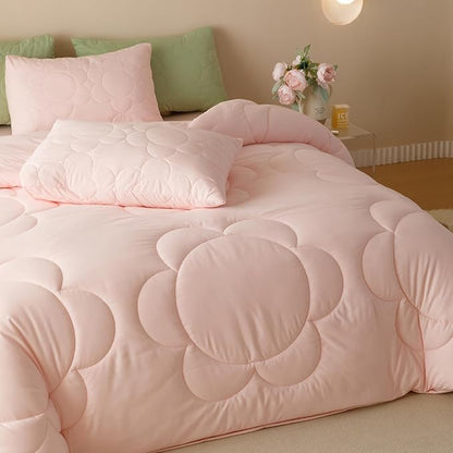CLOTHKNOW Pink Blush Full Size Comforter Sets 3Pcs Daisy Puff Bedding Comforter Sets Soft Boho Comforter Pink Comforter with 2 x Pillow Cases