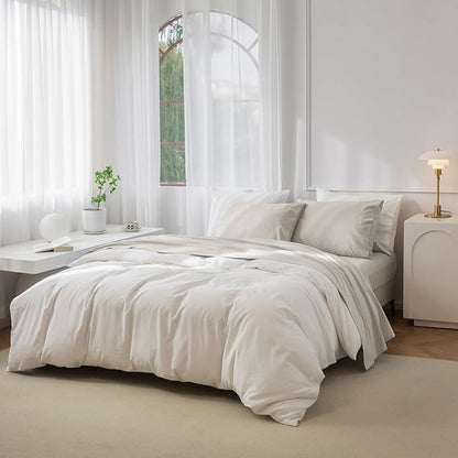 JIYUAN Full Size Sheet Set, 4-Piece - 100% Washed Cotton, Linen-Like Soft & Breathable, Includes Deep Pocket Fitted & Flat Sheet with 2 Pillowcases, Hotel Quality, Heathered Cream Grey
