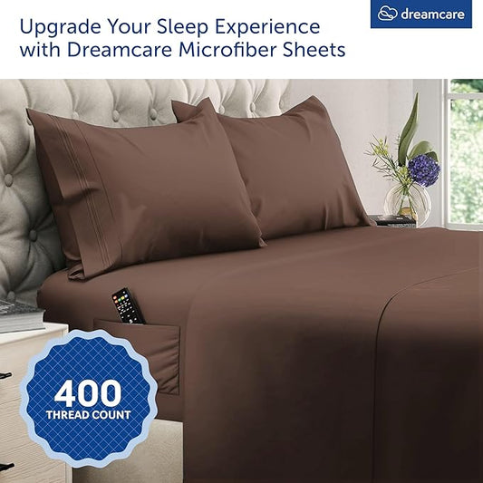 DREAMCARE King Size Sheets Set - Cooling Bed Sheets - 4pcs Set - up to 15" Deep Pocket King Sheet Set – Soft & Long Lasting Cooling - 100% Fine Brushed Microfiber with Side Pocket - Mocha Brown