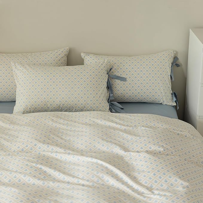 VM VOUGEMARKET Blue Flower Comforter Set Twin White Blue Grid Comforter with 2 Bow Ties Pillowcases Cute Botanical Cottagecore Bedding Sets for Teen Girls-Twin XL