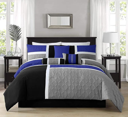 Chezmoi Collection Upland 7-Piece Quilted Patchwork Comforter Set, Blue/Black/Gray, California King