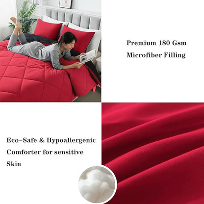 3-Piece King Comforter Set,All-Season,Soft & Hypoallergenic &Breathable Bedding,Polyester Quilted,Down Alternative(Comforter*1 & Pillowcases*2),Black/Bright Red