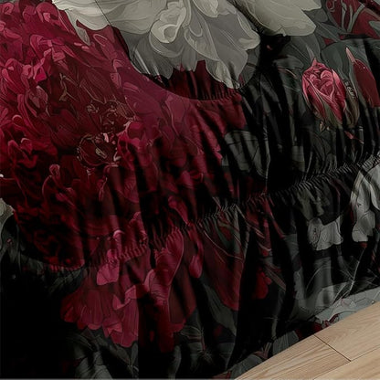 2Pcs Twin Size Gothic Botanical Flowers Comforter Set for Girls, Teens Red Rose and Black Crows Bedding Sets, 100% Washed Microfiber, All Season with 1 Comforter 68"x 90" and 1 Pillowcase