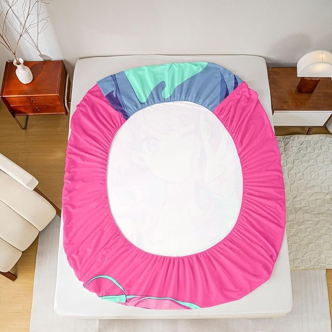 Japanese Anime Bedding Set 3D Anime Girl Fitted Sheet, Kawaii Japanese Style Bed Sheets Cartoon Uniform Girl Sheets Hot Pink Room Decor, Queen 3Pcs, 1 Fitted Sheet 2 Pillowcases (No Top Sheet)