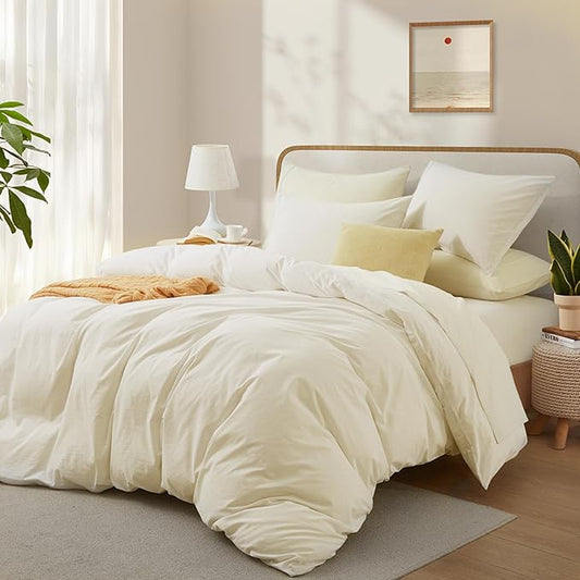 Cream White Cotton Duvet Cover with Zipper Closure, Linen-Like Natural Bedding Set (No Comforter), Queen Size, Duvet Cover (90"x90") x 1, Pillowshams(20"x26") x 2