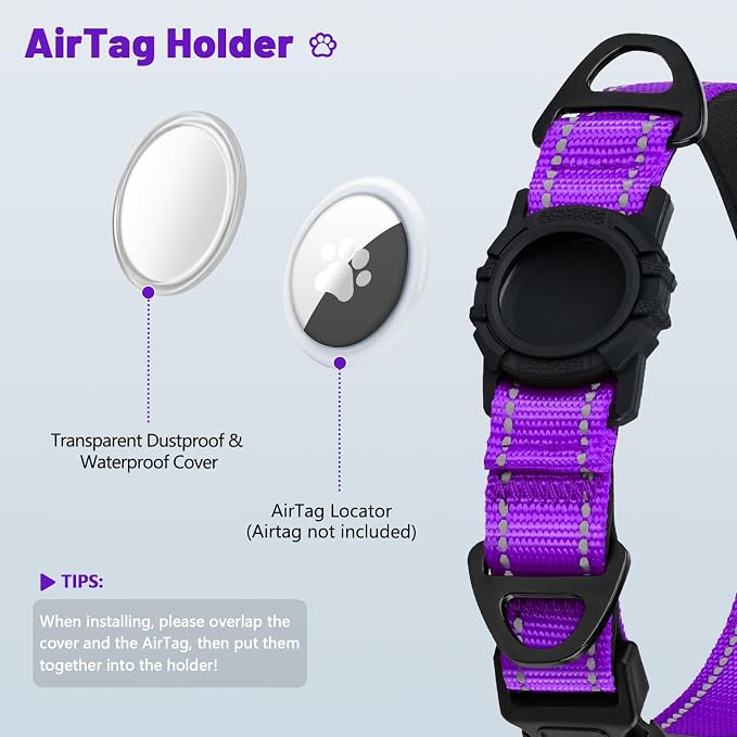 Taglory AirTag Dog Collar with Waterproof Holder for Large Dogs, Purple, XL | Reflective for Night Walks & Low-Light Safety, Track Your Pup Peace of Mind, Adjustable Soft Padded, No More Dangling Tags