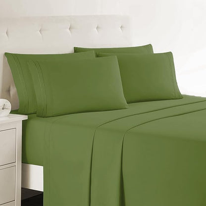 Clara Clark Queen Sheets, 6 Piece Set - Hotel Luxury Sheets for Queen Size Bed, Super Soft Bedding Set, Calla Green