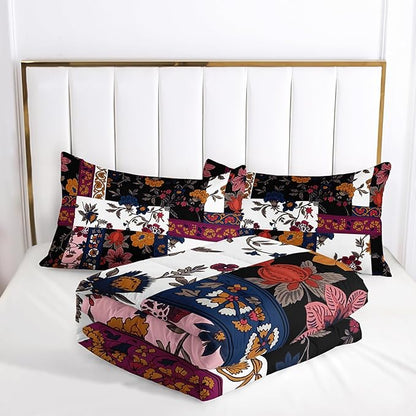 Boho Floral Comforter Set Twin Size Checkered Flower Bedding Sets 3PCS for Kids Teen Adult Retro Flowers Room Decor Ultra-Soft Lightweight Microfiber 1 Comforter with 2 Pillowcases