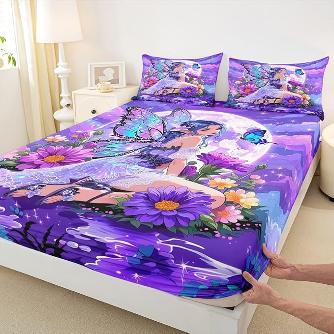 Erosebridal Fairy Girl Fitted Sheet Queen Flower Fairytale Bed Sheets for Boys Girls Blue Butterfly Floral Decor Bed Set Purple Galaxy Moon Sheets with 2 Pillowcases