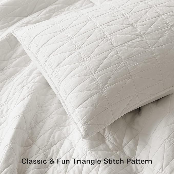 HORIMOTE HOME Quilt Set Queen Size, Stone-Washed Chic Rustic Cream White Coverlet with Classic Triangle Stitched Pattern, Ultra Soft Lightweight Quilted Bedspread for All Season, 3 Pieces