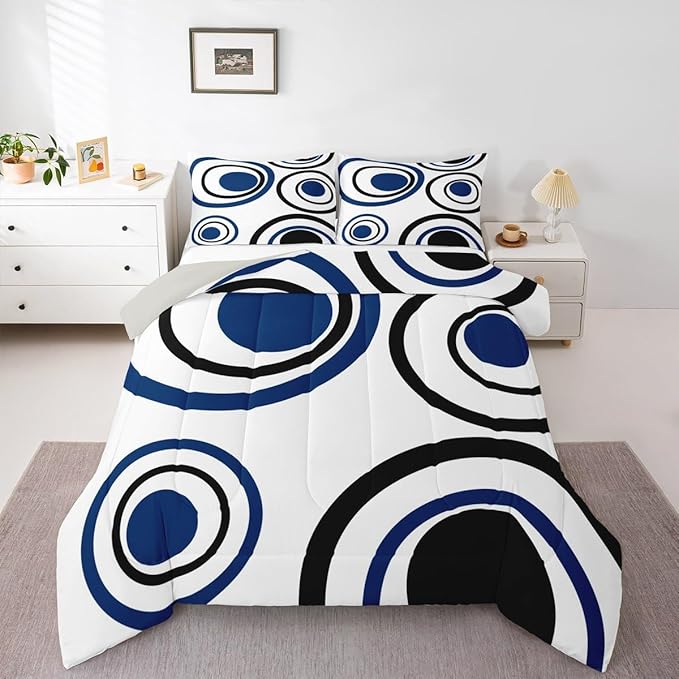 Erosebridal White Blue Black Striped Twin Bedding Sets for Adult Women Men Modern Circle Abstract Comforter Set Contemporary Graffiti Lines Quilt Duvet Set Minimalists Aesthetic Boho Bed Collections
