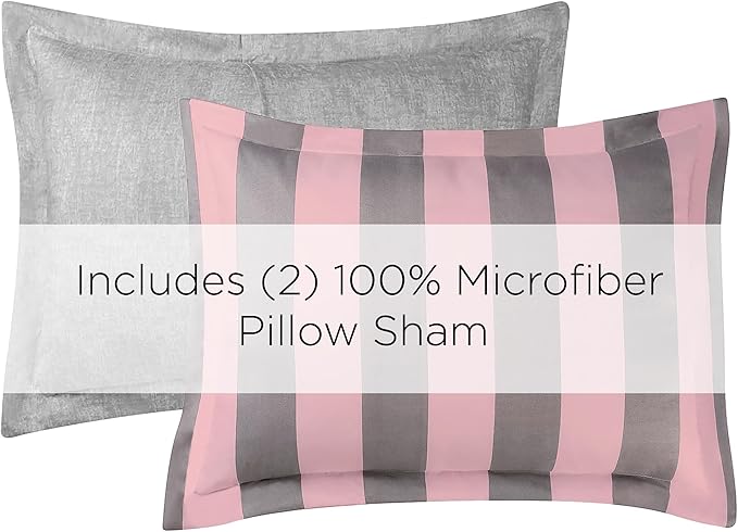 Juicy Couture Cabana Stripe Reversible Bedding Set - Queen/Full Size - Pink and Grey Stripe Print - 6 Piece Set - Includes 1 90 x 90 Comforter, 3 Decorative Pillows, 2 Shams
