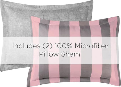 Juicy Couture Cabana Stripe Reversible Bedding Set - Queen/Full Size - Pink and Grey Stripe Print - 6 Piece Set - Includes 1 90 x 90 Comforter, 3 Decorative Pillows, 2 Shams