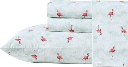 Tommy Bahama - Queen Size Sheet Set, Crisp & Cool Cotton Percale Bedding with a Smooth Lightweight Feel, 4 Piece Holiday Bed Sheets with Matching Pillowcases (Flamingo Santa Green)