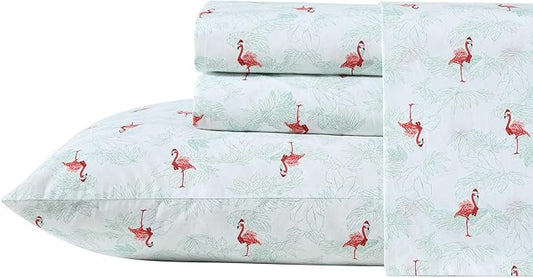 Tommy Bahama - Queen Size Sheet Set, Crisp & Cool Cotton Percale Bedding with a Smooth Lightweight Feel, 4 Piece Holiday Bed Sheets with Matching Pillowcases (Flamingo Santa Green)