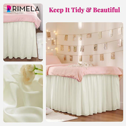 RIMELA Dorm Bed Skirt Twin XL 46 Inch Drop, Easy to Install Extra Long Wrap Around Elastic Dust Ruffle, Cream Bedskirt Solid Silky Fabric (Twin XL 80“L x 39”W & Twin 75“L x 39”W)