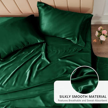 CozyLux Satin Sheets Queen Size Bed Set - 4 Piece Silky Queen Sheet Set, Luxury Dark Green Queen Sheets with Smooth and Soft Microfiber, Includes 1 Fitted Sheet, 1 Flat Sheet and 2 Pillowcases