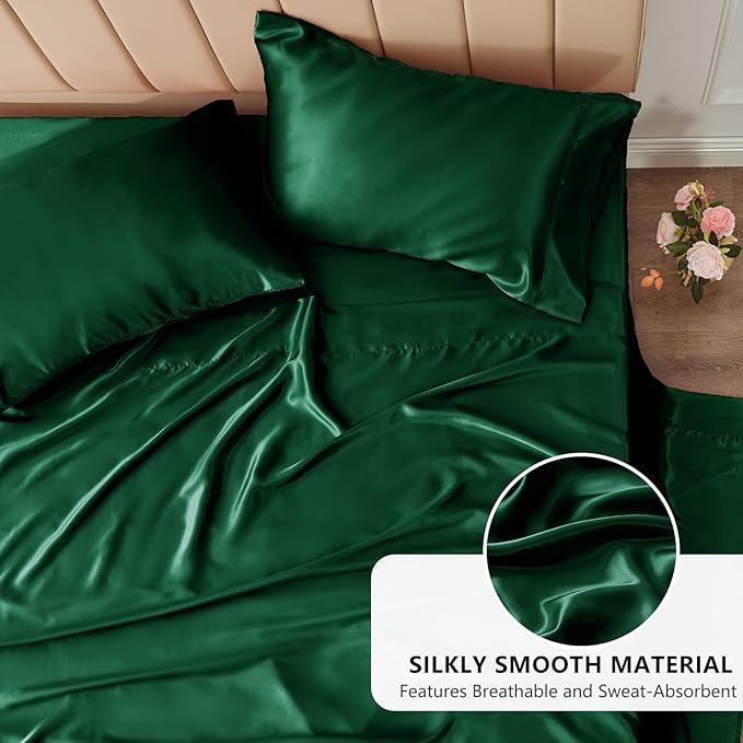 CozyLux Satin Sheets King Size Sheet Set - 4 Piece Silky King Sheets, Luxury Dark Green King Bed Set with Smooth and Soft Microfiber, Includes 1 Fitted Sheet, 1 Flat Sheet and 2 Pillowcases