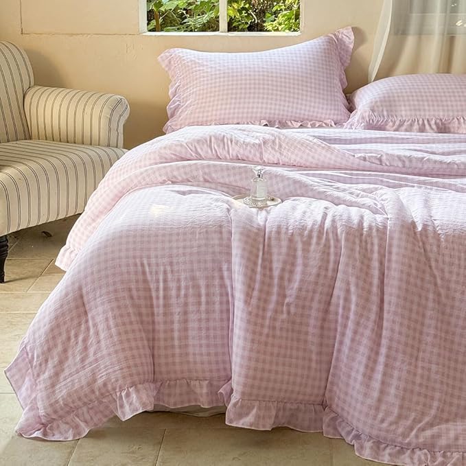 NSNLGSGC Pink Ruffle Gingham Comforter Set King, Pre-Washed Ruffled Plaid Checked Comforter Bedding, 3 Pieces Vintage Farmhouse Grid Bedding Set(Pink Gingham, King)