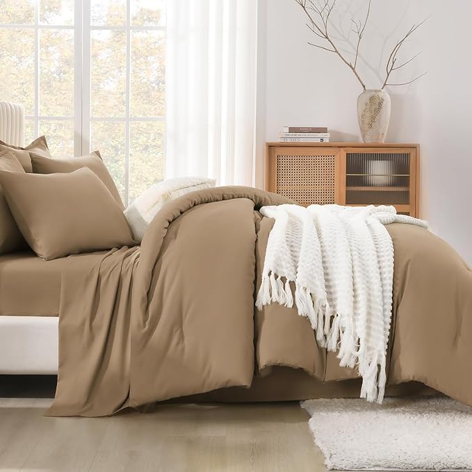 Litanika Queen Comforter Set Taupe - 7 Pieces Bed in a Bag Queen Bedding Comforter Sets, Solid Lightweight Bed Set with Comforter, Sheets, Pillowcases & Shams