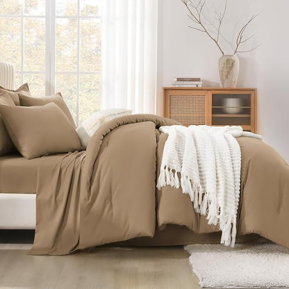 Litanika King Size Comforter Set Taupe - 7 Pieces Bed in a Bag King Bedding Comforter Sets, Solid Lightweight Bed Set with Comforter, Sheets, Pillowcases & Shams