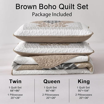 Dintszyayue Brown Boho Quilt Set King,3 Pieces Aztec Texture Quilt with 2 Pillowcases,Bohemian Geometric Bedspread Bedding Set Microfiber Quilted Coverlet Set for All Seasons King Size(90"×103")