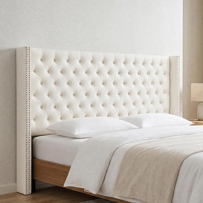 Madison Park Queen Wingback Upholstered Tufted Headboard, Featuring High-Density Sponge Padding, Adjustable Height Headboard, Easy Assembly, Beige Velvet
