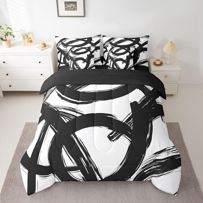 Erosebridal Black White Abstract 7 Piece Comforter Set Full Bed in A Bag Modern Graffiti Minimalist Line Bedding Set Simple Sketch Cool Unique Geometric Sheet Set Ink Painting Aesthetic Quilt