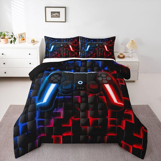 Erosebridal Kids Gaming Comforter Sets Boys King Geometric Gamer Comforter Neon Lights Red Indigo Blue Game Console Teen Boy Bedding Set 3D Ombre Checkered Gamepad Decor Quilt Duvet for Game Room