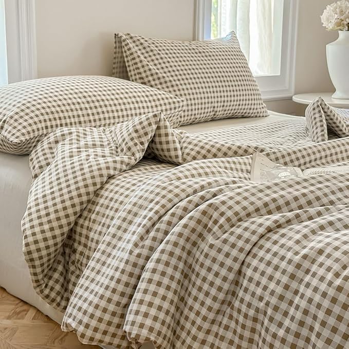 NSNLGSGC Tan Gingham Cotton Comforter Set King, 100% Washed Cotton Taupe Plaid Checked Comforter Bedding, 3 Pieces Vintage Farmhouse Grid Bedding Set(Tan Gingham, King)