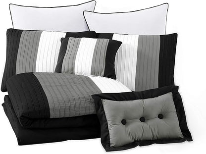 Chezmoi Collection Loft 8-Piece Luxury Striped Comforter Set (California King, Black/Gray/White)