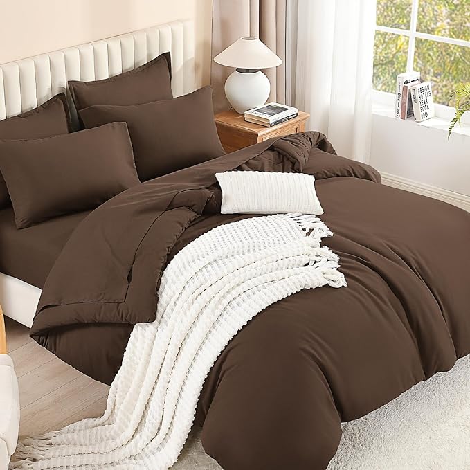 Litanika California King Comforter Set Brown - 7 Pieces Bed in a Bag Cal King Bedding Comforter Sets, Plain Lightweight Bed Set with Comforter, Sheets, Pillowcases & Shams
