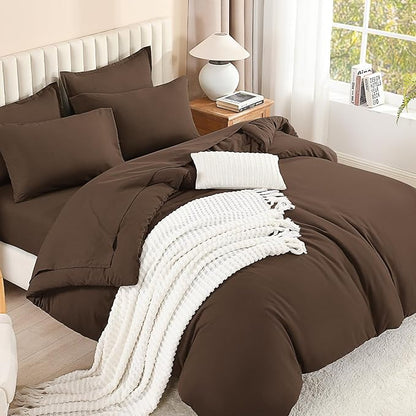 Litanika Super King Comforter Sets Brown - 7 Pieces Bed in a Bag Oversized King Bedding Comforter Sets, Solid Lightweight Bed Set with Comforter, Sheets, Pillowcases & Shams